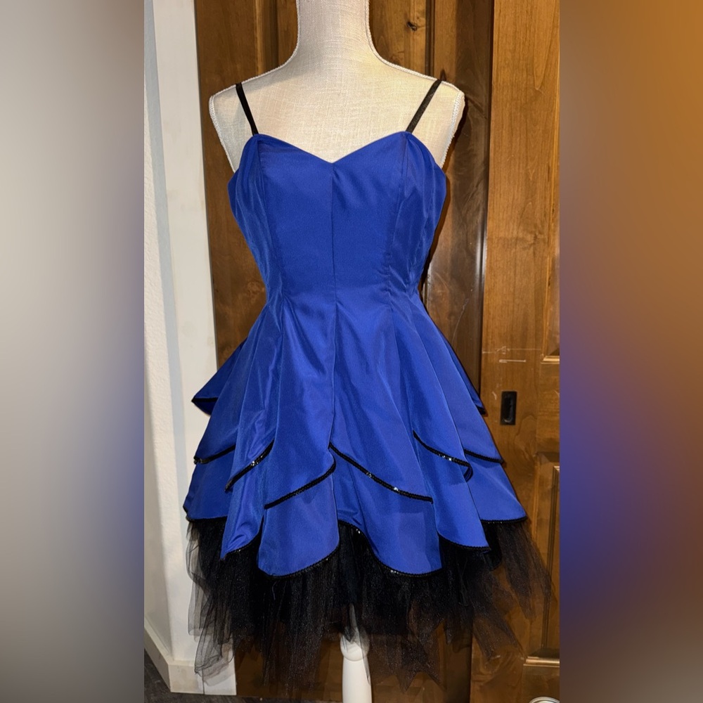 VTG Morgan & Co. Royal Blue Tiered Mini Dress Black Tulle Whimsigoth 90s Small